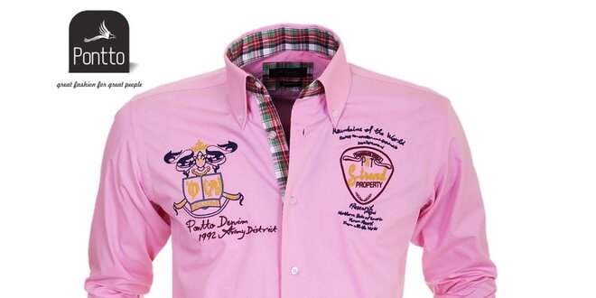 Pánska ružová košeľa s nášivkami Pontto