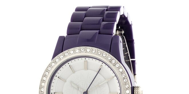 Dámske oceľové hodinky DKNY s fialovým keramickým ramienkom a kamienkami