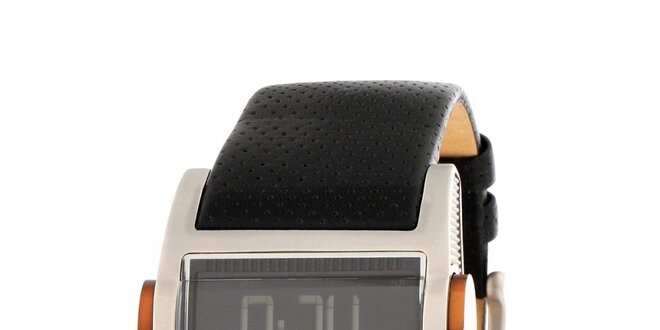 Pánske oceľové digitálne hodinky DKNY s čiernym koženým ramienkom