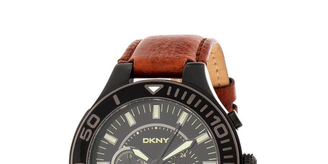 Pánske čierne hodinky DKNY s hnedým koženým ramienkom