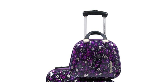 Dámsky čierno-fialový kvetovaný set dvoch kuforov a kozmetickej tašky Lulu Castagnette