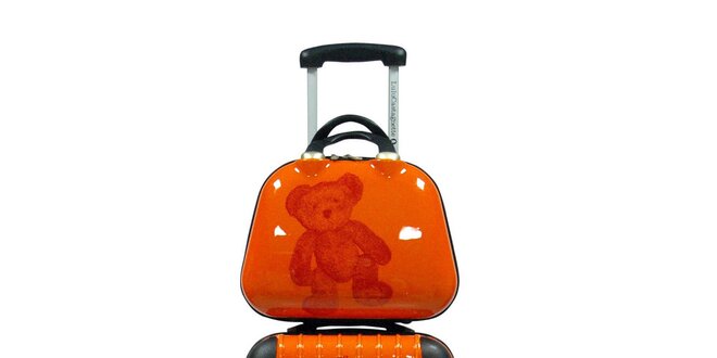 Dámsky oranžový set kufrov na kolieskach a kozmetickej tašky Lulu Castagnette s medvedíkom