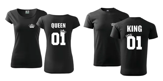 Párové tričká s potlačou King & Queen pre dospelých a Prince & Princess pre deti