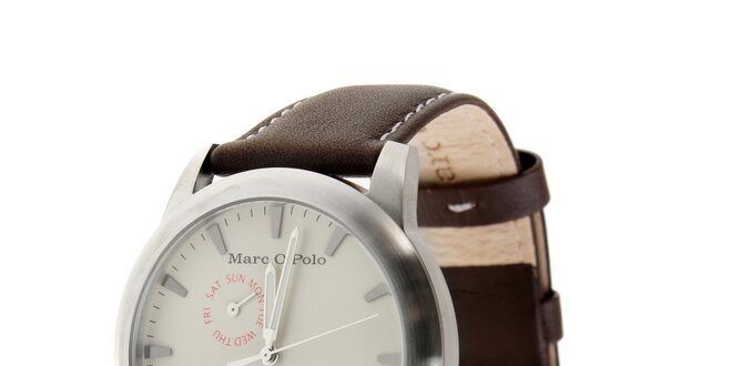 Marc O´Polo hodinky s tmavo hnedým koženým remienkom a bielym ciferníkom