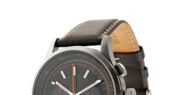 Pánske hodinky Marc O´Polo s tmavo šedým koženým remienkom a čiernym ciferníkom