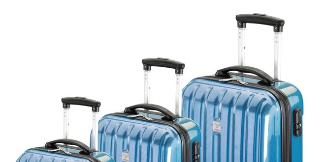 Set troch modrých lesklých pevných kufrov na koliečkach Valisa