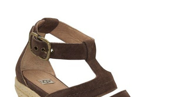 Dámske čokoládové kožené sandálky Ugg s jutovým klinom
