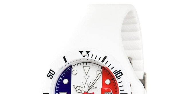 Biele hodinky Toy s motívom francúzskej vlajky a silikónovým remienkom