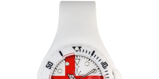 Biele hodinky Toy s červeným krížom a silikónovým remienkom