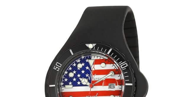 Čierne hodinky Toy s motívom americkej vlajky a silikónovým remienkom