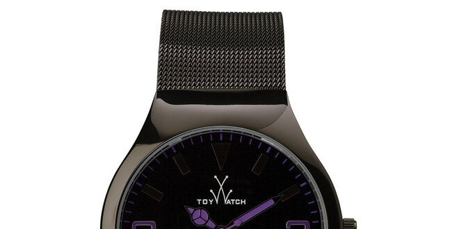 Čierne analógové hodinky s fialovými detailmi Toy
