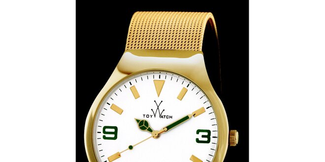 Zlaté analógové náramkové hodinky Toy so zelenými detailmi