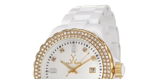 Dámske biele plastové hodinky Toy s kryštálmi Swarovski Elements a zlatými detailmi