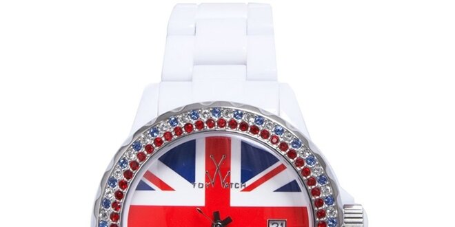 Dámske biele hodinky Toy s motívom anglickej vlajky a kamienkami