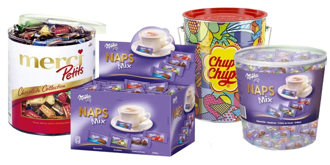 Veľké boxy cukroviniek Mentos, Merci i Chupa Chups