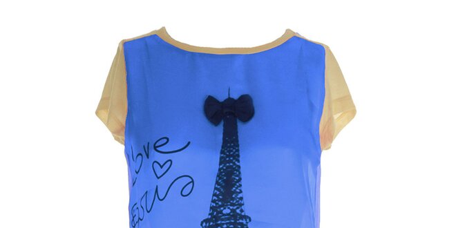 Dámske modro-béžové tričko s potlačou Eiffelovky Mlle Agathe
