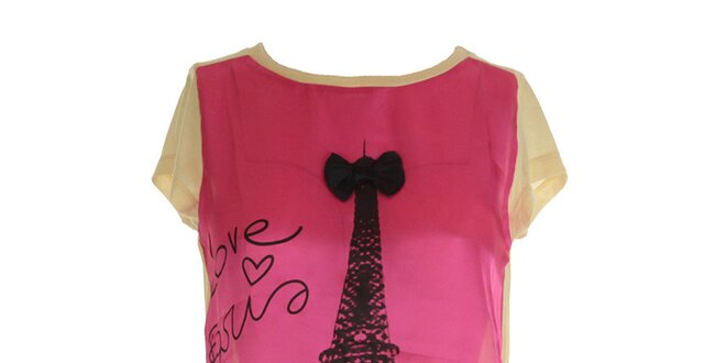 Dámske ružovo-béžové tričko s potlačou Eiffelovky Mlle Agathe