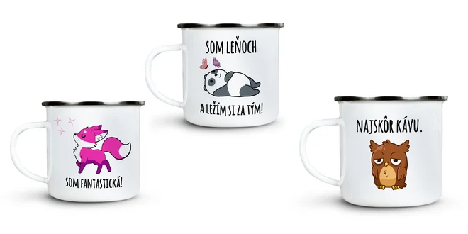 Plechové hrnčeky so zvieratkami a nápismi