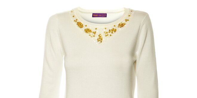 Dámsky biely úpletový sveter s aplikáciami Hope