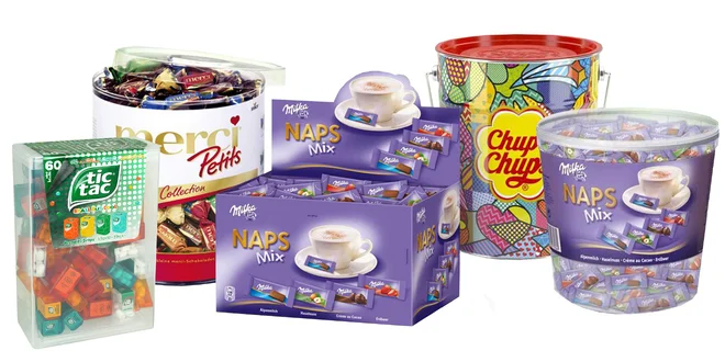 Veľké boxy cukroviniek Mentos, Merci i Chupa Chups