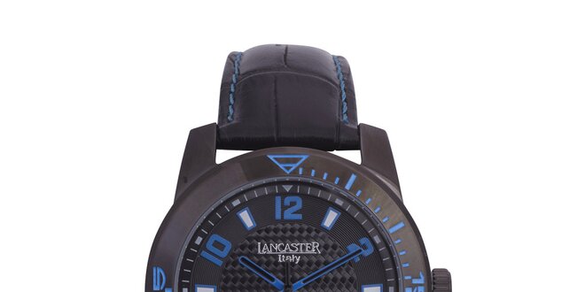 Pánske čierne analógové hodinky s modrými detailmi Lancaster