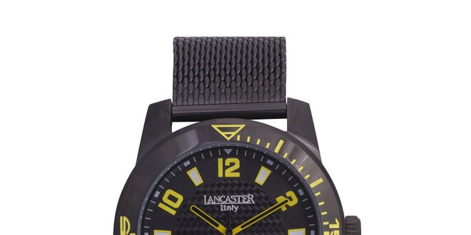 Pánske čierne analógové hodinky so žltými detailmi Lancaster