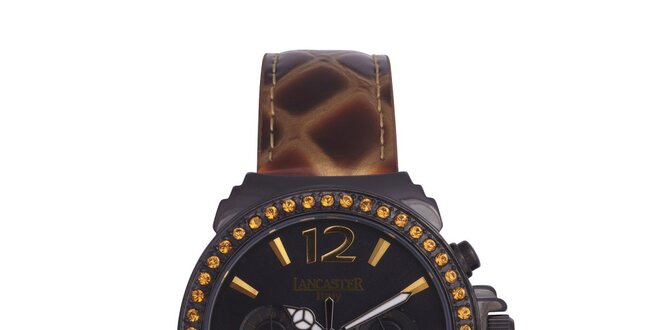 Dámske čierno-zlaté analógové hodinky so Swarowski kamienkami Lancaster