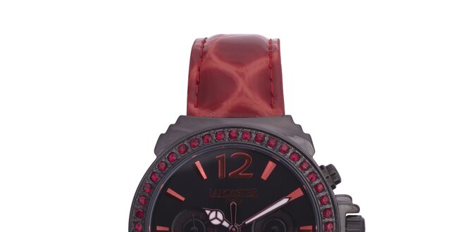 Dámske čierno-červené analógové hodinky so Swarowski kamienkami Lancaster