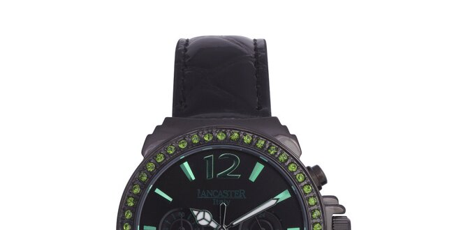 Dámske čierne hodinky so zelenými kamienkami a koženým remienkom Lancaster