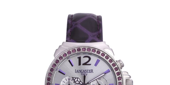 Dámske fialovo-strieborné analógové hodinky so Swarowski elementmi Lancaster