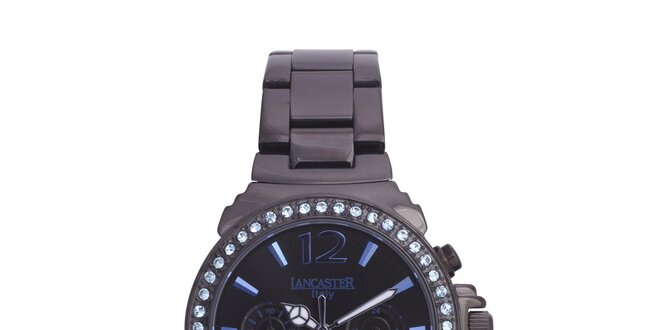 Dámske čierne oceľové hodinky s modrými kamienkami Lancaster