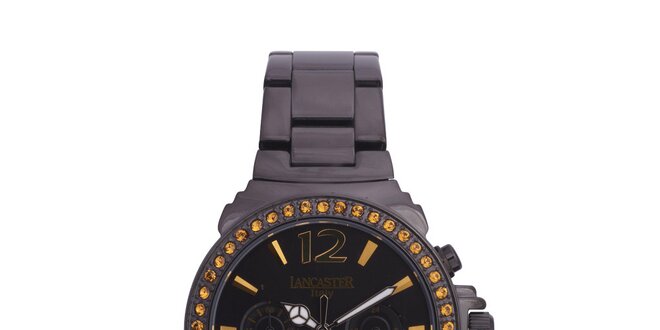 Dámske čierne oceľové hodinky s oranžovými kamienkami Lancaster