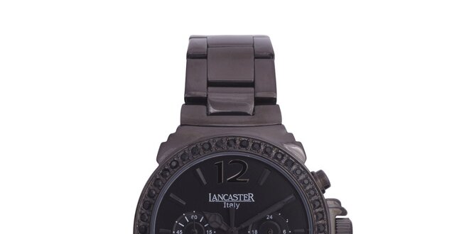 Dámske čierne oceľové hodinky s čiernymi kamienkami Lancaster
