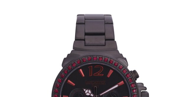 Dámske čierne oceľové hodinky s červenými kamienkami Lancaster