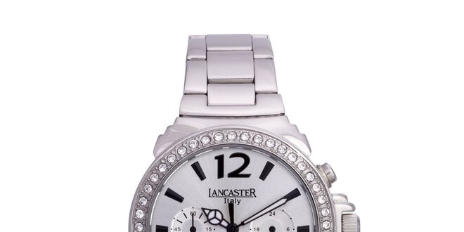 Dámske strieborné oceľové hodinky s bielymi kamienkami Lancaster