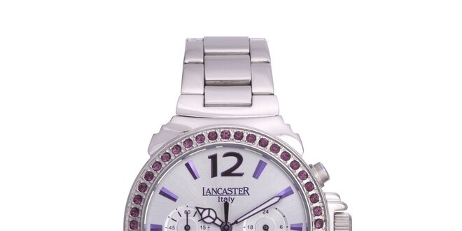 Dámske strieborné oceľové hodinky s fialovými kamienkami Lancaster