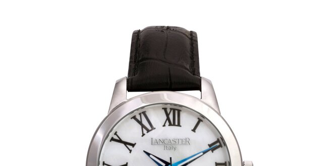 Dámske strieborné hodinky s čiernym koženým remienkom a guľatým ciferníkom Lancaster