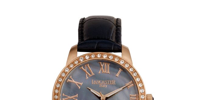 Dámske zlaté hodinky s čiernym koženým remienkom Lancaster