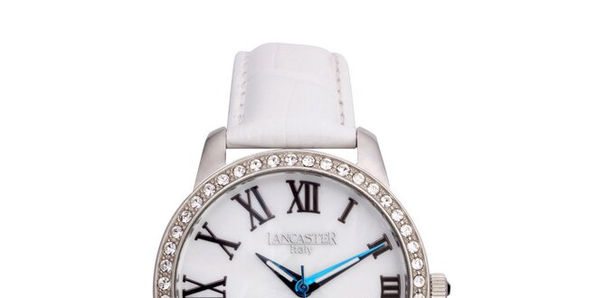 Dámske strieborné hodinky s bielym koženým remienkom Lancaster