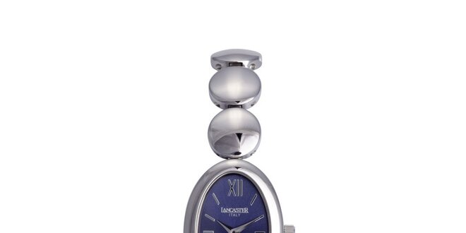 Dámske strieborné oválné hodinky s modrým ciferníkom Lancaster