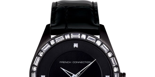 Dámske čierne analógové hodinky French Connection s kryštáľmi