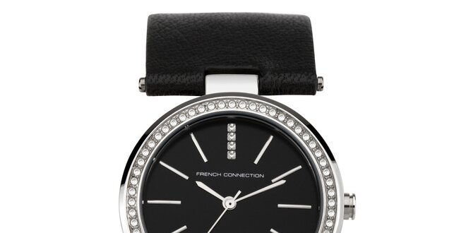 Dámske gulaté čiernostrieborné hodinky s kryštálkami French Connection