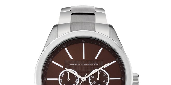 Pánske strieborno-hnedé analogové hodinky French Connection