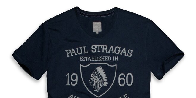 Pánske indigovo modré bavlnené tričko s potlačou Paul Stragas