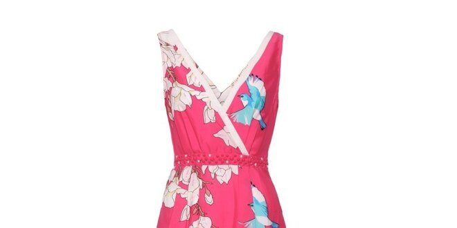 Dámske korálovo ružové šaty Uttam Boutique so sýkorkami