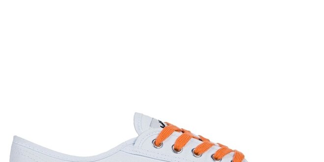 Nízke bielo-oranžové tenisky so znakmi Shulong