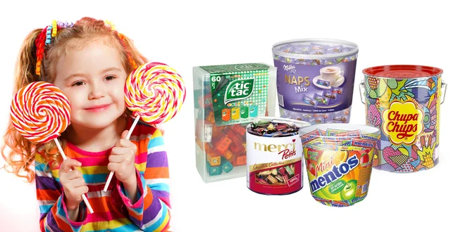 Veľké boxy cukroviniek Mentos, Merci i Chupa Chups
