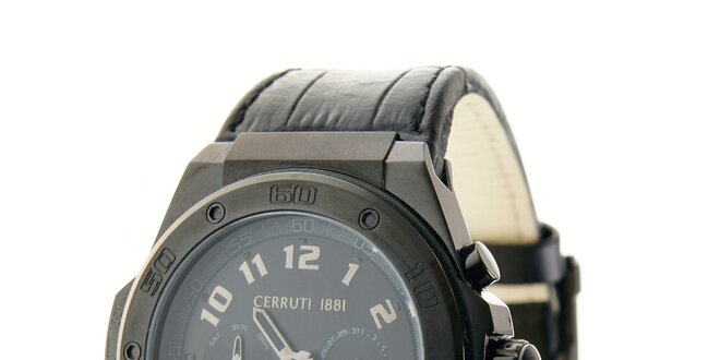 Pánske čierne ocelové hodinky Cerruti 1881 s čiernym koženým pásikom