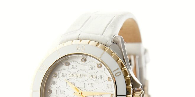 Dámske biele hodinky Cerruti 1881 s bielym koženým pásikom a kryštálmi
