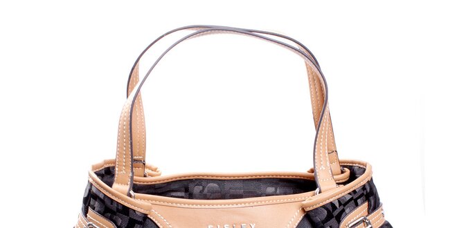 Dámska čierna kabelka s monogramom a béžovými ušmi Sisley